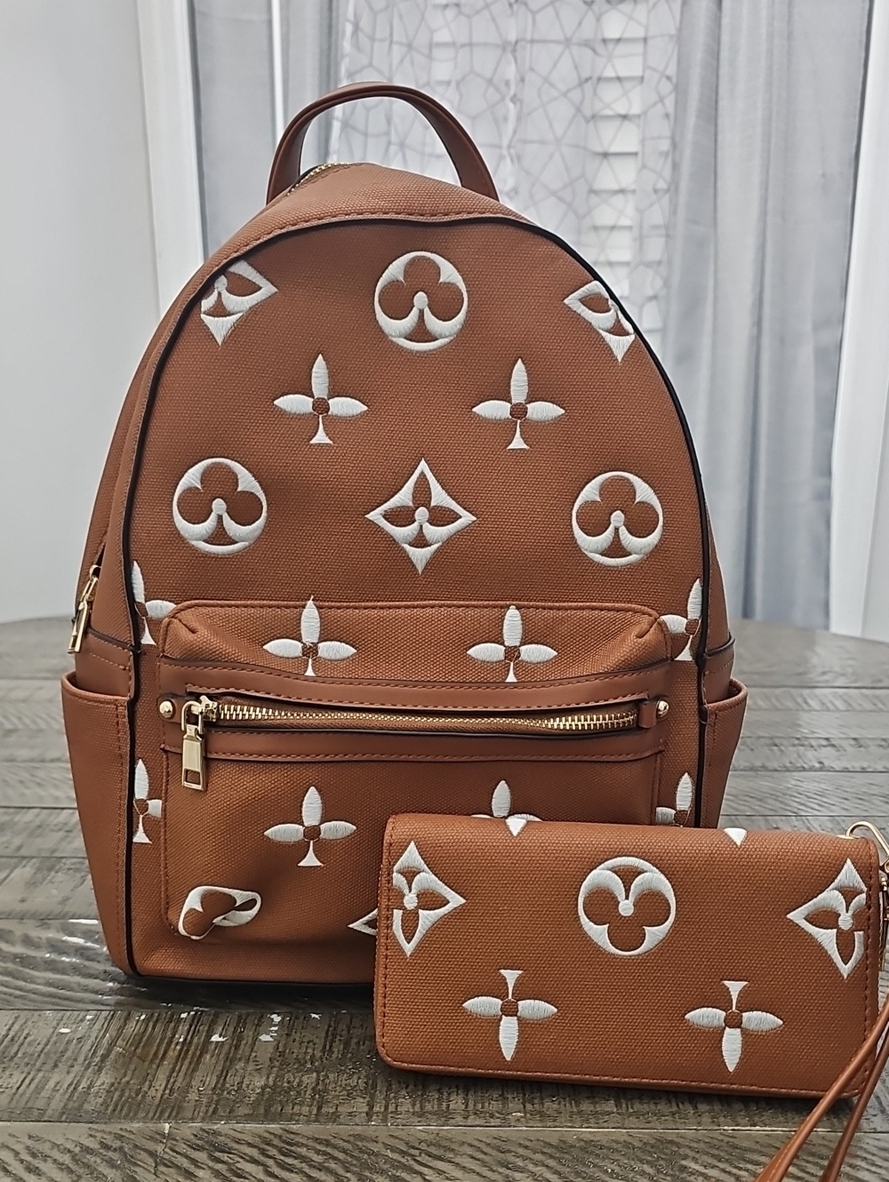 Brown Monogram Pattern Women's Backpack and Wallet Set